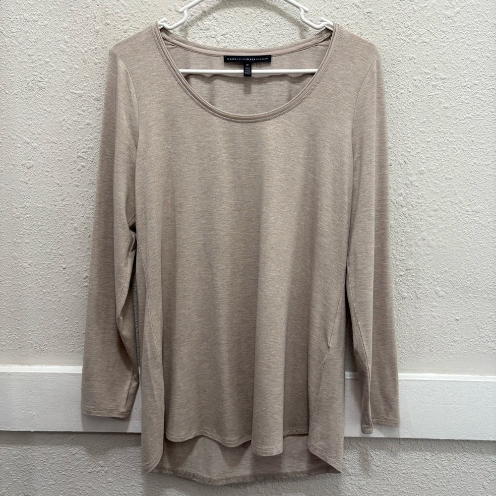 White House Black Market WHBM Shirred Scoop Neck Long Sleeve Beige/Gold M